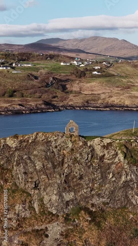 Aerial view of the remaining wall of the old coastguard station in Teelin, County Donegal, Ireland