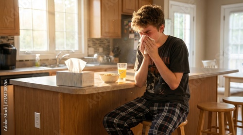 Unwell teenage boy sitting at a kitchen island in his pajamas, holding a tissue to his nose while suffering from a cold.
