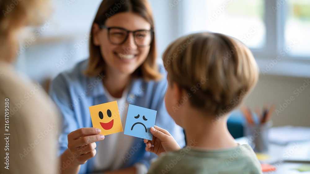 Obraz premium rear view of a young therapist speaking with a child in a bright office, backs to camera, showing happy and sad emotion cards, behavior support concept, counseling, bright, with