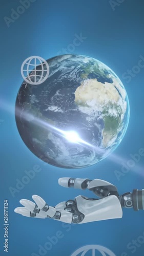 Animation of globes with connections over robot's arm on blue background
