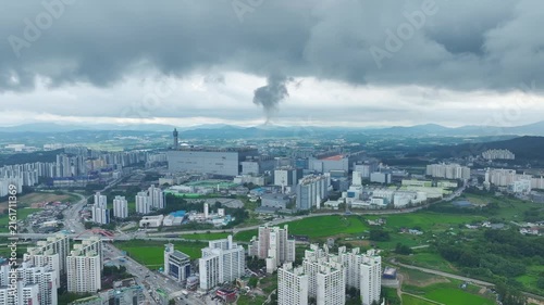 Aerial Drone View of Advanced Semiconductor Chip Manufacturing Plant and Industrial Complex in Icheon, South Korea