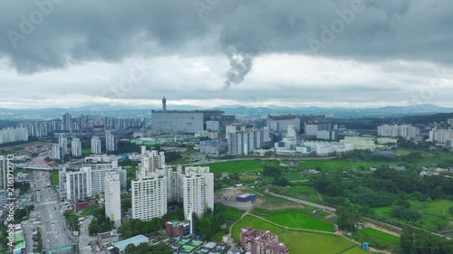 Aerial Drone View of Advanced Semiconductor Chip Manufacturing Plant and Industrial Complex in Icheon, South Korea