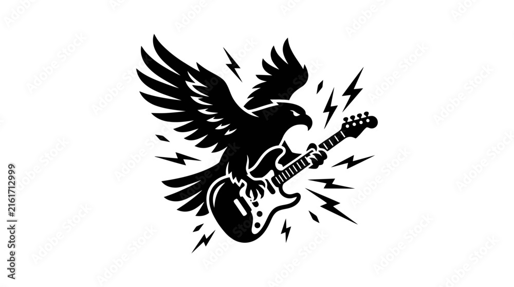 Fototapeta premium Vector illustration of a powerful eagle playing an electric guitar surrounded by lightning bolts for a bold rock music band logo or rebellious tattoo design concept