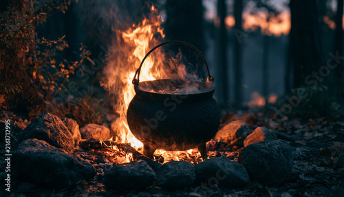 Black iron cauldron sits over hot wood fire in dark forest at night. Bright orange flames burn with smoke under twilight sky. Magical potion boils inside pot surrounded by stones. Mystery atmosphere