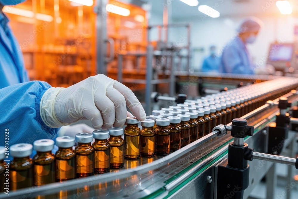 Naklejka premium Scientist in cleanroom suit checks medicine vials on factory conveyor. Automated production line processes pharmaceutical products. Medical research lab manufacturing drugs.