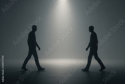 Two men walk toward a shared light illustrating dialogue and agreement