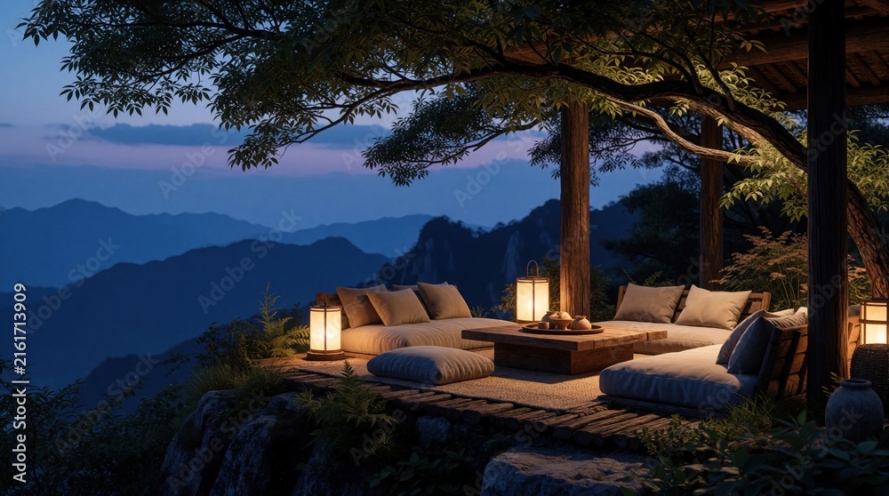Fototapeta premium Rustic mountain terrace with seating, lanterns, and table at dusk. Comfortable lounge area offers peaceful views of twilight mountains and serene natural landscape.