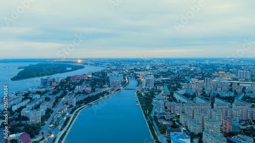 Astrakhan, Russia. Panorama of the city of Astrakhan. Channel named Varvatsiya. Time after sunset. Drone footage