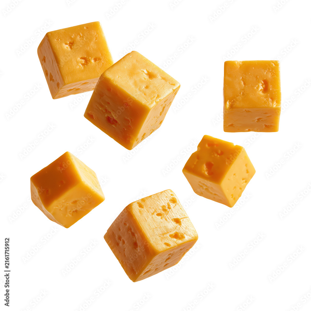 Obraz premium Flying cheese cubes hover against a white background in a clear view showcasing their shape and color in a fun and playful display