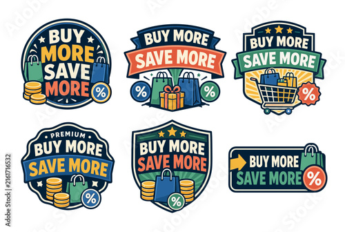 Collection of buy more save more promotion badges with shopping bags, coins, gift boxes, and discount percentages, creating marketing stickers for retail offers