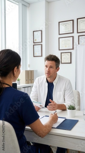 Doctor Consulting Patient During Medical Appointment In Bright Office