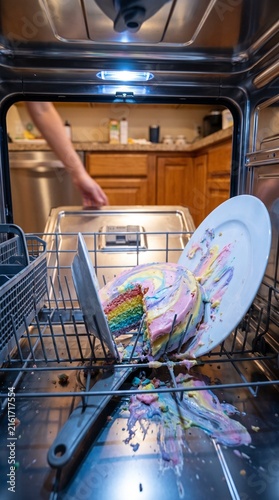 Colorful rainbow layer cake in open dishwasher with plates and utensils