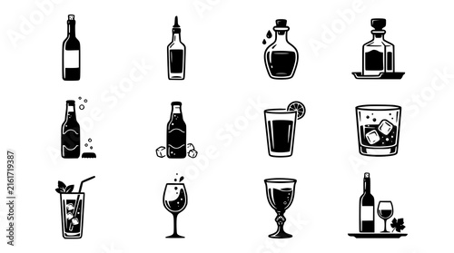 Glass Bottle and Drinking Glass Black Silhouette Vector Icon Set 12