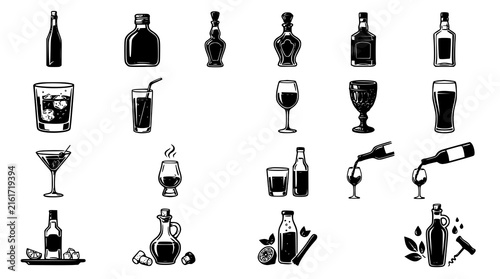 Glass Bottles Drinking Glasses Beverage Black Silhouette Vector Collection 16