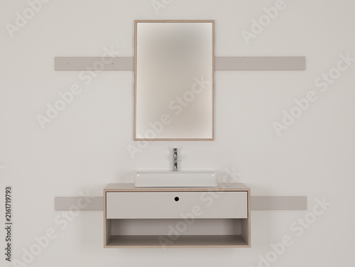 Minimalist bathroom vanity set with wooden mirror and floating cabinet