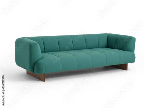 Modern green fabric tufted sofa with wooden base isolated on white background