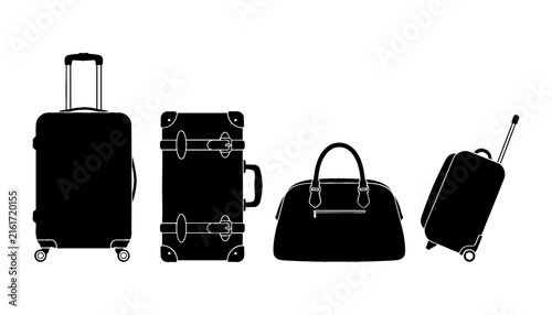 Travel Luggage and Suitcase Silhouette Icon Set with Baggage Trunk Duffle Bag and Rolling Travel Gear Symbols for Graphic Layout Designs