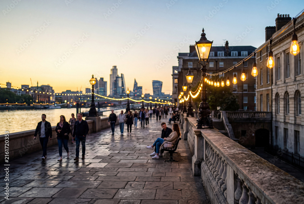 Obraz premium Riverfront promenade at dusk with string lights walkers and a city skyline