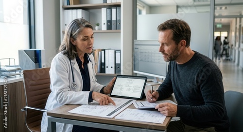 Doctor And Patient Discussing Medical Chart On Tablet And Paper