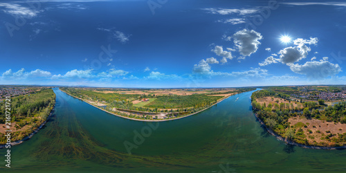 Rhine River and Sändchen Island near Nackenheim Equirectangular Aerial VR Panorama