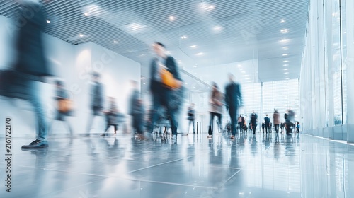 Busy professional people walking inside bright modern office building lobby with motion blur captured from low ground level camera angle