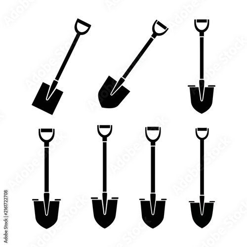 Set of black shovel silhouettes on white background.