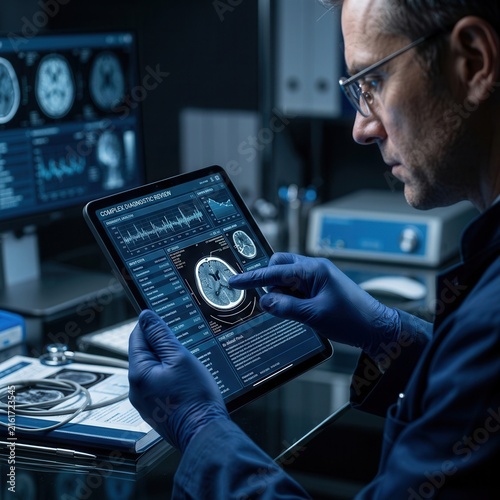 Doctor Analyzing Medical Scan Data On Tablet And Computer Screen