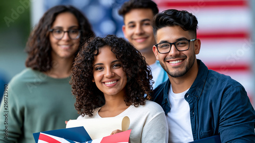 Diverse young adults holding a historical parchment document together in front of a softly blurred patriotic background, Constitution Day, democracy, unity, citizenship, civic