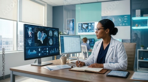 Doctor Analyzing Medical Scans In A Modern Tech Office
