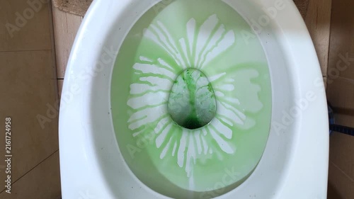 Green toilet bowl cleaner with floral daisy pattern design creating decorative effect in white ceramic toilet, bathroom hygiene product.