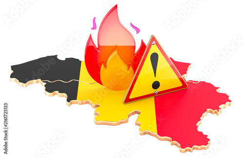 Belgium map with wildfire warning sign, fire hazard concept. 3D rendering