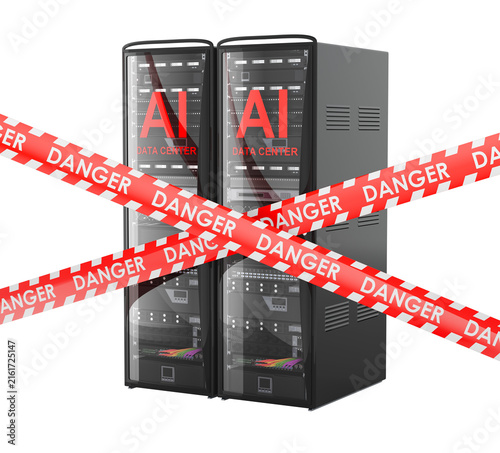 AI data center servers with danger tape for outage and security threat. 3D rendering