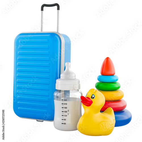 Baby travel essentials with suitcase, bottle and toys. 3D rendering