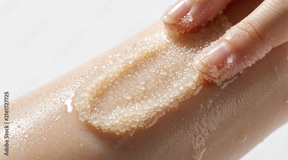 Fototapeta premium Close up of a hand applying granular body scrub to smooth skin. Product gently buffs away dead cells for a soft healthy glow. Exfoliation treatment reveals refreshed complexion.