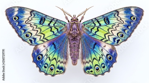 Vibrant iridescent moth macro study featuring intricate wing patterns and detailed texture isolated white background
