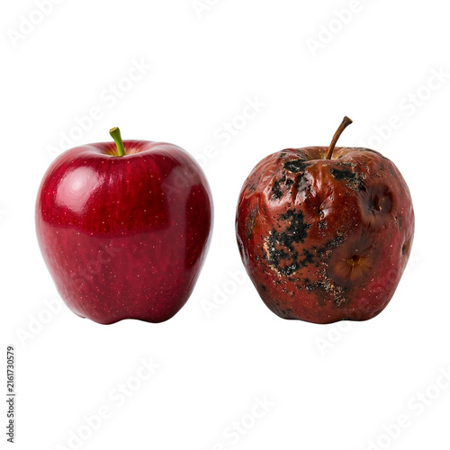 Fresh red apple next to a spoiled apple with mold and decay  