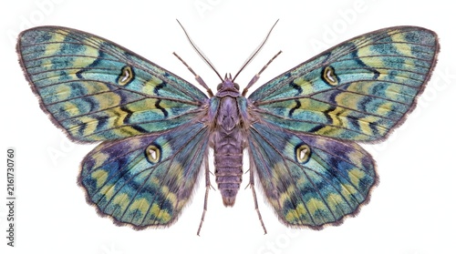 Exotic moth with iridescent teal and lime green patterned wings isolated on white background with moth with detailed top