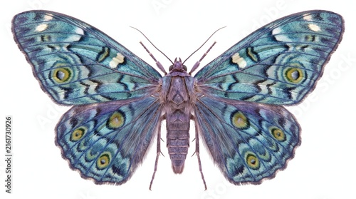 Vibrant blue exotic moth specimen isolated against plain white background macro studio view symmetrical pattern design