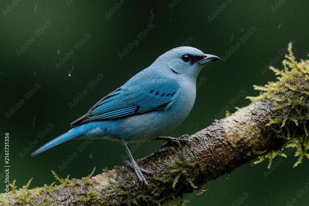 Fototapeta premium Blue grey tanager bird perches on mossy tree branch in tropical forest. Small avian songbird with dark eye, sharp beak sits during rain. Wild fauna in Costa Rica jungle habitat showing natural