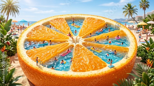 Miniature people enjoy a surreal summer vacation swimming in a giant orange slice pool on a tropical beach