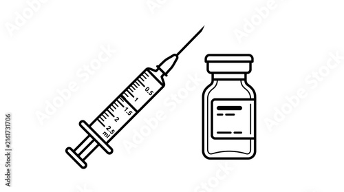 Minimalist vector illustration of a medical syringe and vaccine vial showing flat black outline design