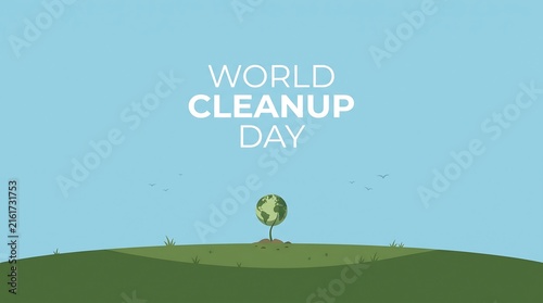 World Cleanup Day concept with earth globe as a small sprout growing on a green hill under a clear blue sky for environmental hope