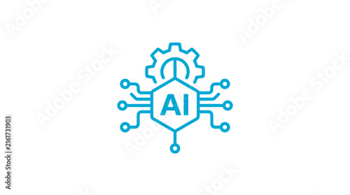 Blue vector illustration featuring a modern artificial intelligence icon with circuitry nodes and mechanical gear elements