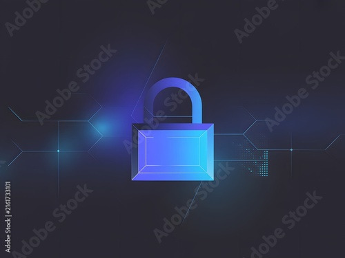 Digital security concept with glowing blue padlock on dark technological