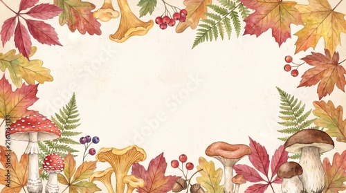 Watercolor autumn woodland border with colorful mushrooms and fallen leaves. Seasonal nature frame with botanical elements for greeting card. Elegant forest design with harvest theme.