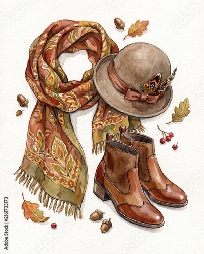 Watercolor illustration of autumn fashion accessories with scarf, hat, and boots. Elegant seasonal clothing for woman during fall. Stylish outfit set with oak leaf, acorn, and berry.