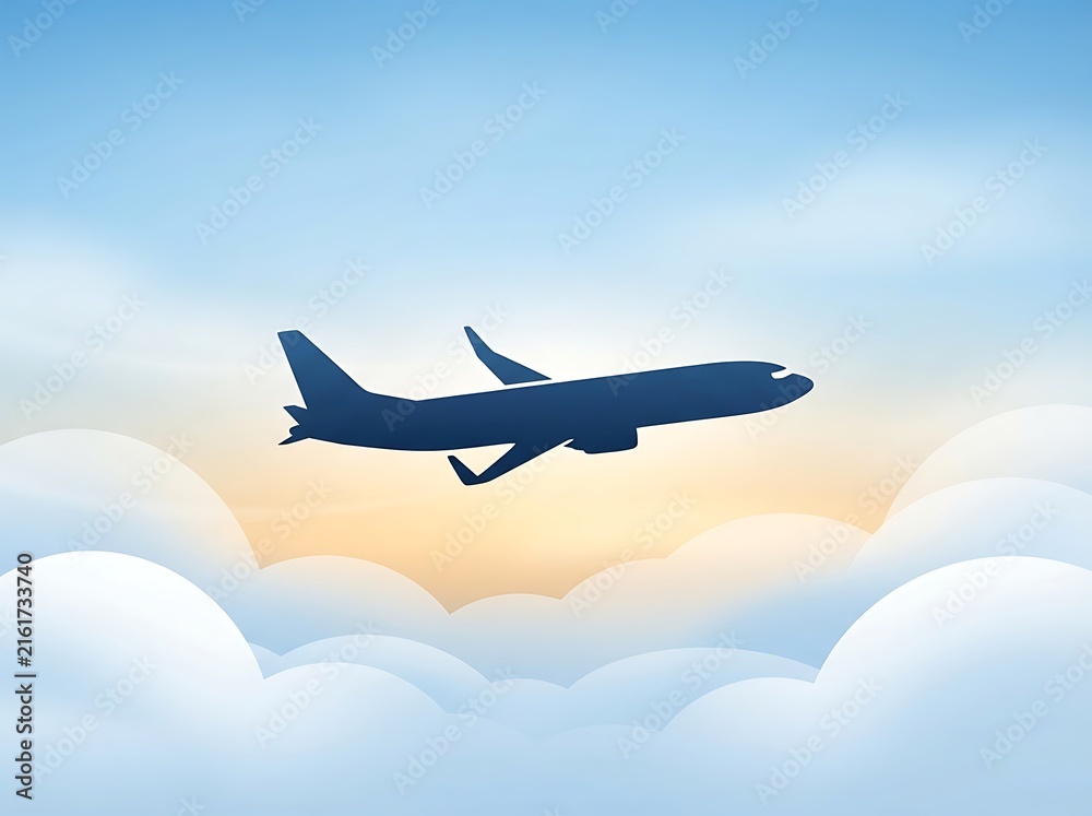 Naklejka premium Silhouette of a commercial passenger airplane flying high above white fluffy clouds at sunrise