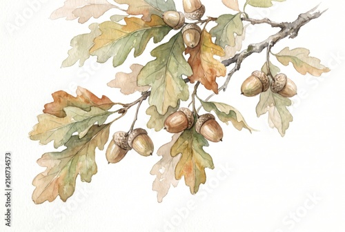 Watercolor oak branch with autumn leaves and acorns. Elegant botanical illustration with earthy color palette on white background. Fall nature design element for seasonal greeting card.