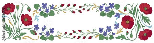 Cuadro en lienzo Art Nouveau Floral Border with Poppies and Violets, Transparent Background