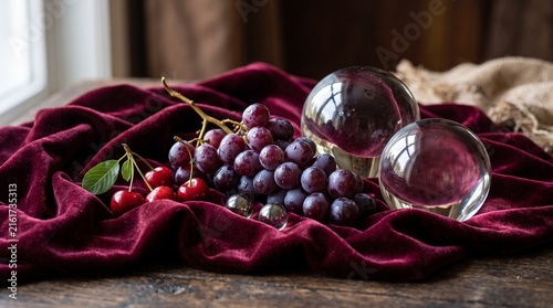 Still life of ripe grapes and cherries on dark red velvet with crystal spheres